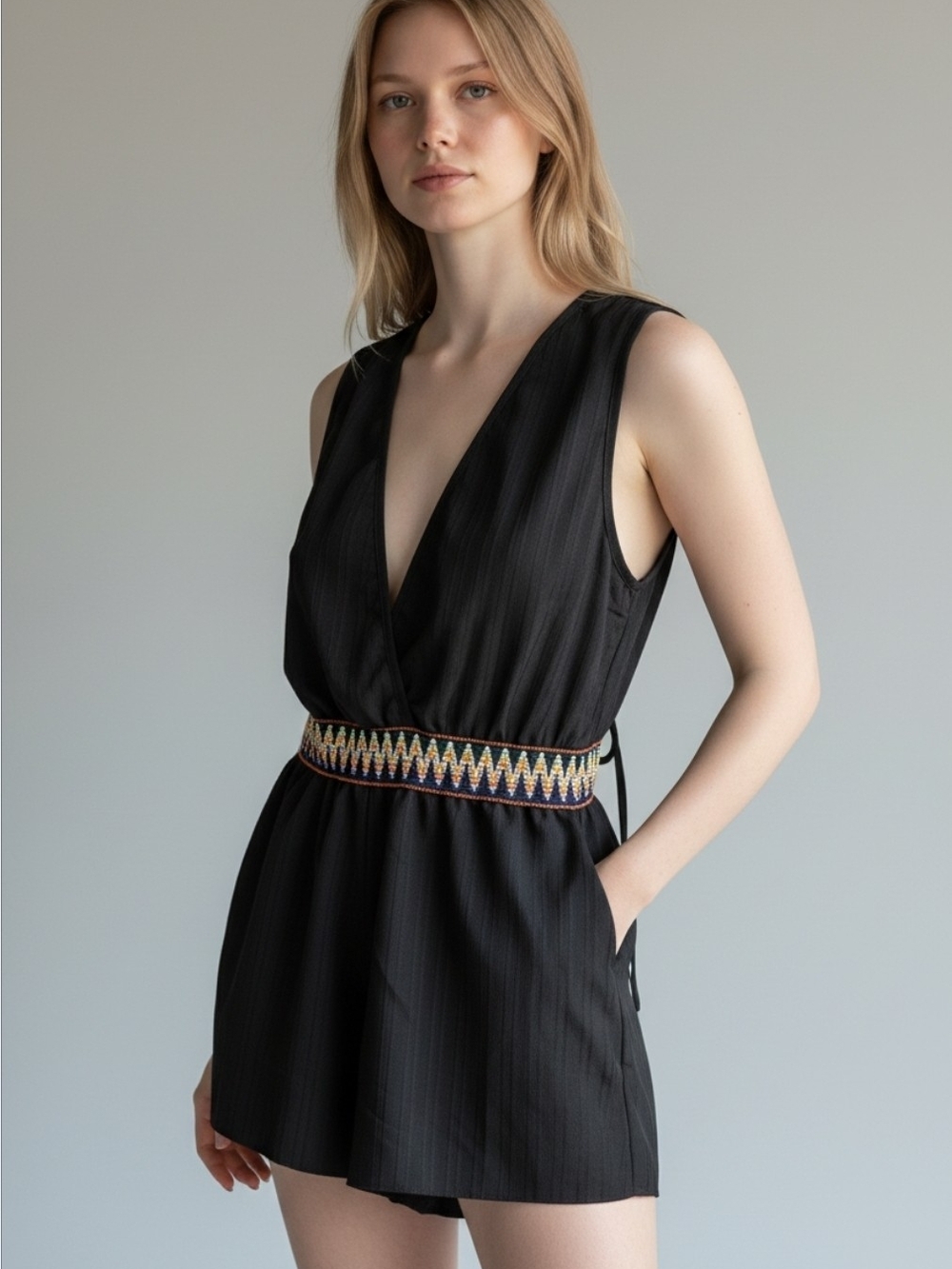 Black Sleeveless V-Neck Romper with Embroidered Waist